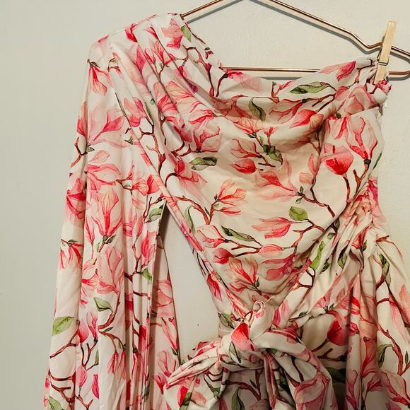BRONX AND BANCO Layla Floral Pink White One Shoulder Silk Bow Mini Dress Size S - Picture 8 of 14